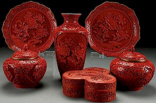 A SIX PIECE GROUP OF CHINESE CARVED CINNABAR