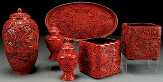 SIX PIECE GROUP OF CHINESE CARVED CINNABAR RED
