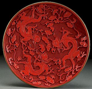 A VERY FINE CHINESE CARVED CINNABAR RED LACQUER