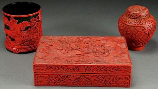 THREE CHINESE CARVED CINNABAR RED LACQUER PIECES
