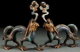 TWO CHINESE CLOISONNÉ GILT BRONZE DRAGONS