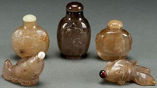 FIVE CHINESE CARVED ROCK CRYSTAL SNUFF BOTTLES