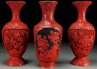 THREE CHINESE CARVED CINNABAR RED LACQUER VASES