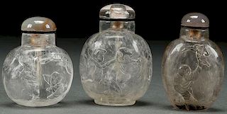THREE CHINESE CARVED ROCK CRYSTAL SNUFF BOTTLES