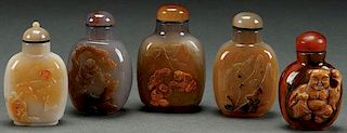 FIVE CHINESE CARVED AGATE SNUFF BOTTLES