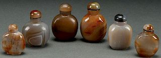 SIX CHINESE CARVED AGATE SNUFF BOTTLES