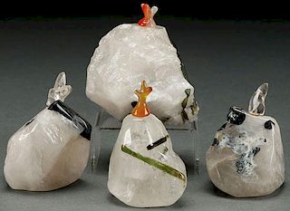 FOUR CHINESE CARVED TOURMALINE AND QUARTZ SNUFF
