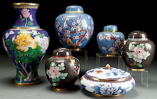 A SIX PIECE GROUP OF CHINESE ENAMELED BRONZE VASE