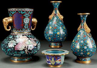 A FOUR PIECE GROUP OF CHINESE ENAMELED BRONZE