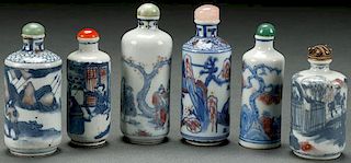 SIX CHINESE BLUE AND WHITE PORCELAIN SNUFF BOTTLE