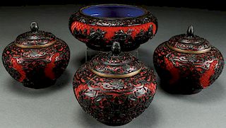 A FOUR PIECE GROUP OF CHINESE CARVED CINNABAR