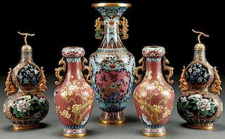 A  VERY FINE 5 PIECE GROUP OF CHINESE CLOISONNE