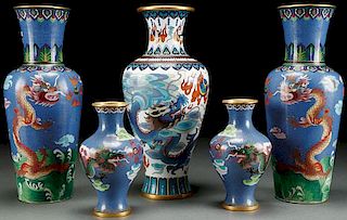 FIVE CHINESE ENAMELED CLOISONNÉ VASES