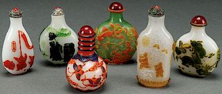 SIX CHINESE CARVED PEKING GLASS SNUFF BOTTLES