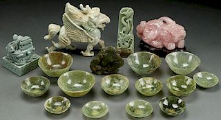AN 18 PIECE CHINESE CARVED JADE AND HARDSTONE