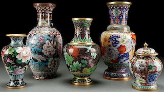 A FIVE PIECE GROUP OF CHINESE ENAMELED BRONZE