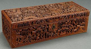 A CHINESE EXPORT CARVED HARDWOOD 100 FIGURES BOX