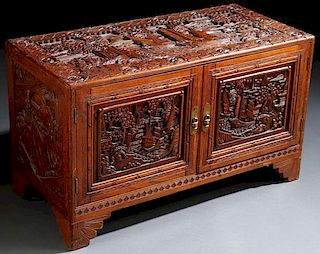 A GOOD CHINESE EXPORT CARVED TEAK CHEST