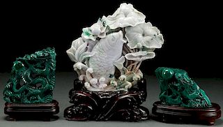 A GROUP OF CHINESE CARVED JADEITE AND MALACHITE