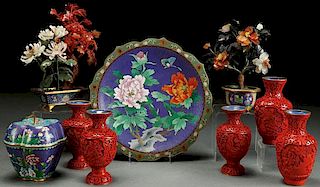 A NINE PIECE GROUP OF CHINESE CLOISONNÉ AND CARVE