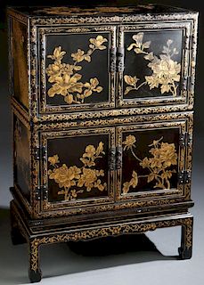 A CHINESE GILT DECORATED BLACK LACQUER AND BRONZE