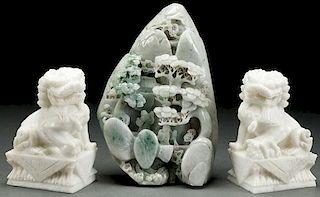 A CHINESE CARVED JADEITE AND HARDSTONE GROUP