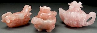 A THREE PIECE GROUP OF CHINESE CARVED PINK QUARTZ