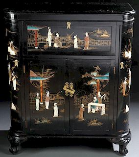 A CHINESE EXPORT BLACK LACQUER CARVED BONE