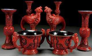 A GROUP OF S6 CHINESE CARVED CINNABAR RED LACQUER