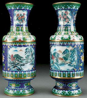 A PAIR OF CHINESE CLOISONNÉ SCENIC ENAMELED VASES