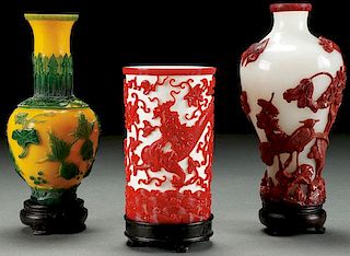 THREE CHINESE PEKING CARVED AND OVERLAID GLASS