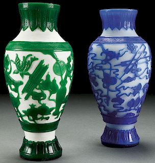 TWO CHINESE PEKING STYLE CARVED GLASS OVERLAY