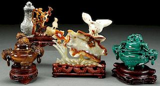 FOUR CHINESE CARVED HARDSTONE FIGURES AND CENSERS