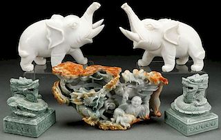 A CHINESE FIVE PIECE JADEITE AND HARDSTONE GROUP