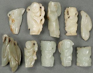 TEN CHINESE CARVED FIGURAL JADE ORNAMENTS