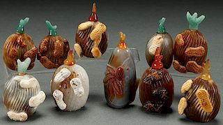A SET OF TEN CHINESE CARVED AGATE SNUFF BOTTLES