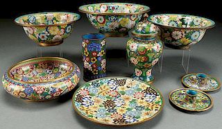 A NINE PIECE GROUP OF VINTAGE CHINESE ENAMELED