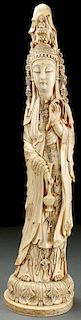A LARGE CHINESE CARVED IVORY FIGURE OF KWAN YIN