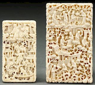 A PAIR OF CHINESE EXPORT CARVED IVORY CARD CASES