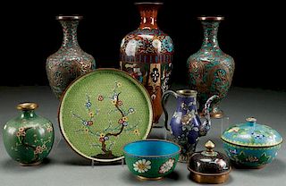 A NINE PIECE CHINESE AND JAPANESE ENAMELED BRONZE