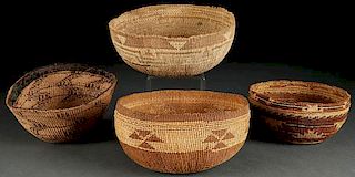 FOUR HUPA BASKETRY BOWLS AND HATS