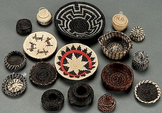 A GROUP OF 17 MINIATURE WOVEN BASKETS, 20TH C