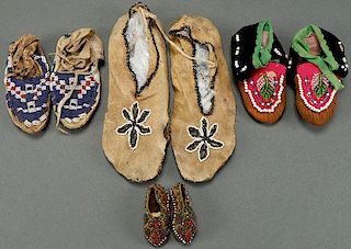 FOUR PAIR OF BEADED MOCCASINS, CIRCA 1900-1920