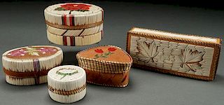 A GROUP OF FIVE QUILLED BIRCH BARK BOXES