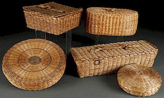 A GROUP OF FIVE NATIVE AMERICAN LIDDED BASKETS