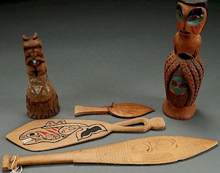 A GROUP OF FIVE NORTHWEST COAST CARVED WOOD