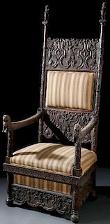 A LARGE AND IMPRESSIVE CARVED OAK THRONE CHAIR