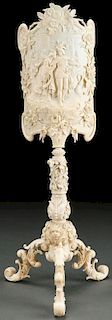 A VERY FINE GERMAN CARVED IVORY CANDLE SHADE