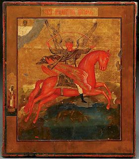 A RUSSIAN ICON OF THE ARCHANGEL MICHAEL, 19TH C