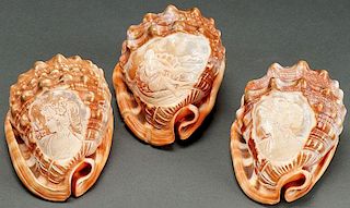THREE ITALIAN CARVED SHELL CAMEOS, LATE 20TH C